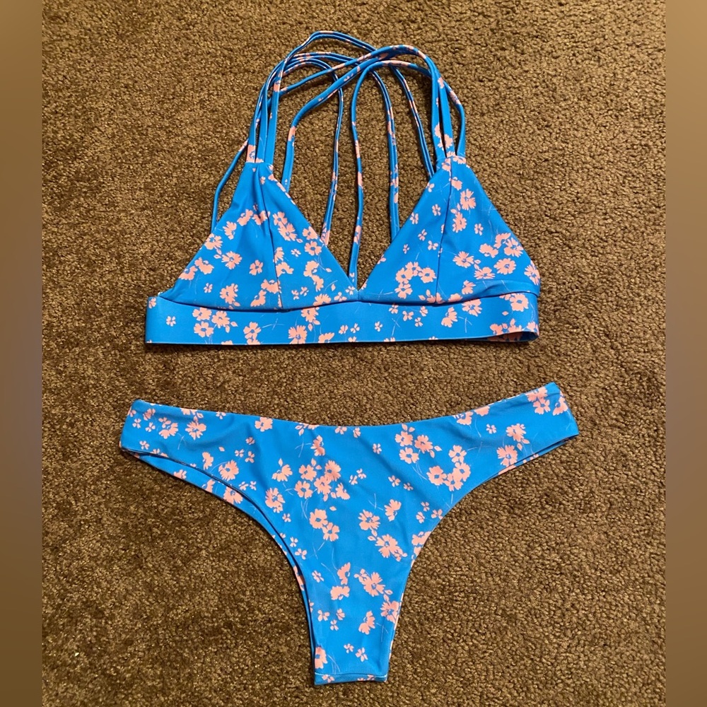 Kulani Kinis Blue Bikini Set with Pink Floral Print